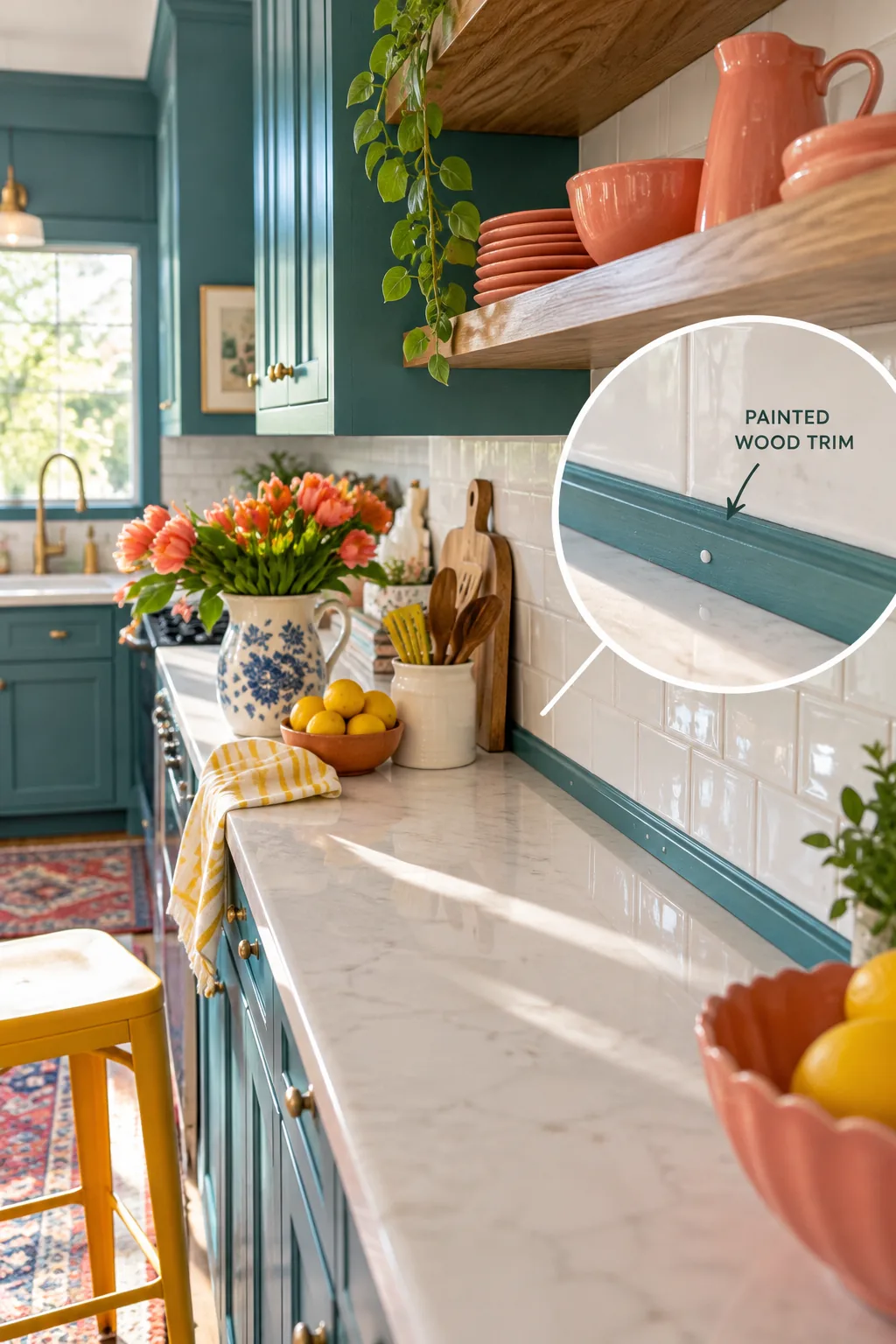 Painted quarter-round wood trim bordering a tile backsplash