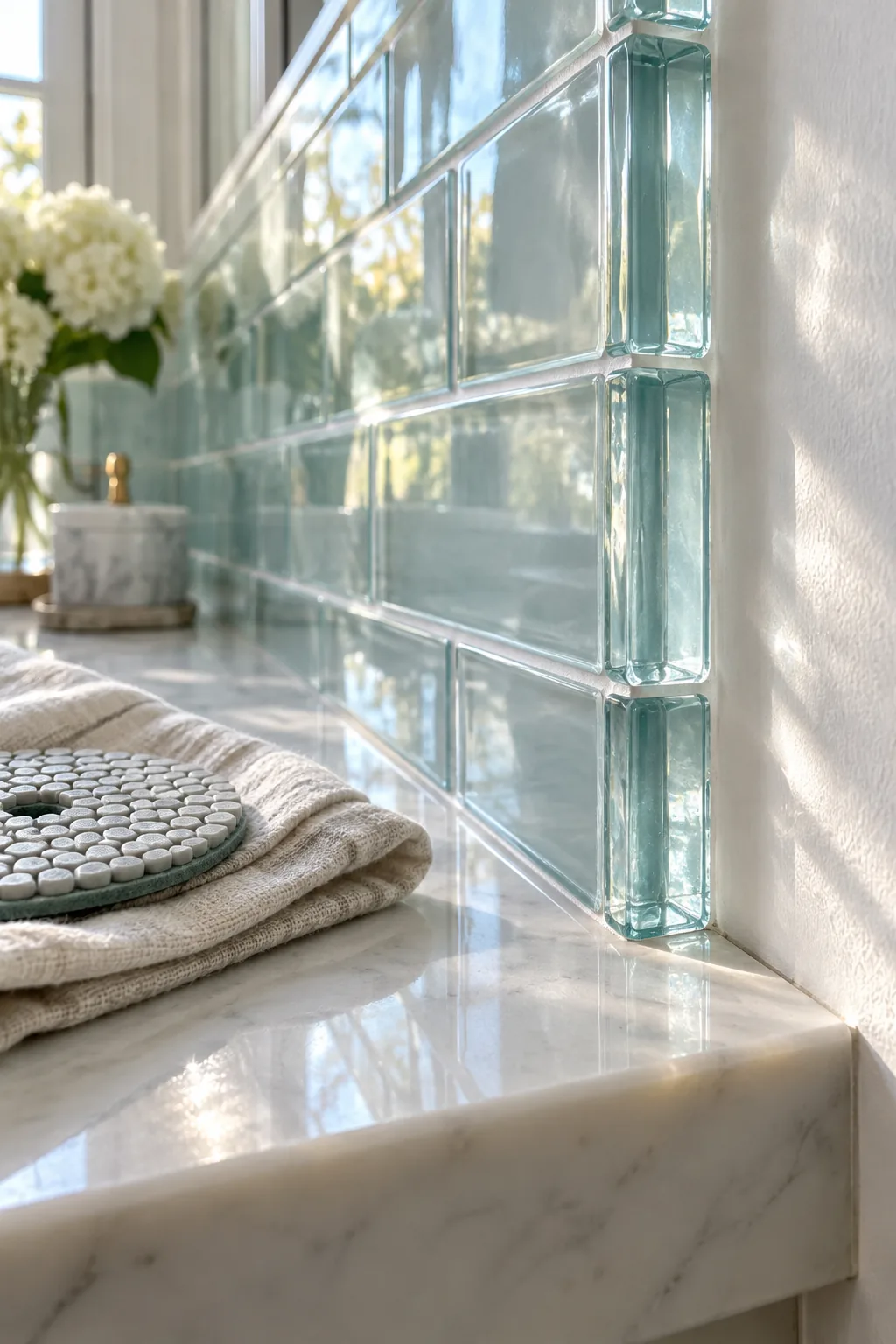 Polished smooth edges on light blue glass subway tile