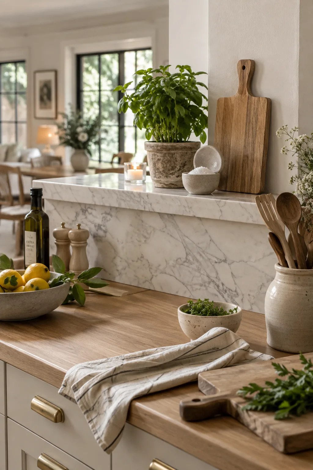 Marble threshold capping a half-wall tile backsplash with small pots on top