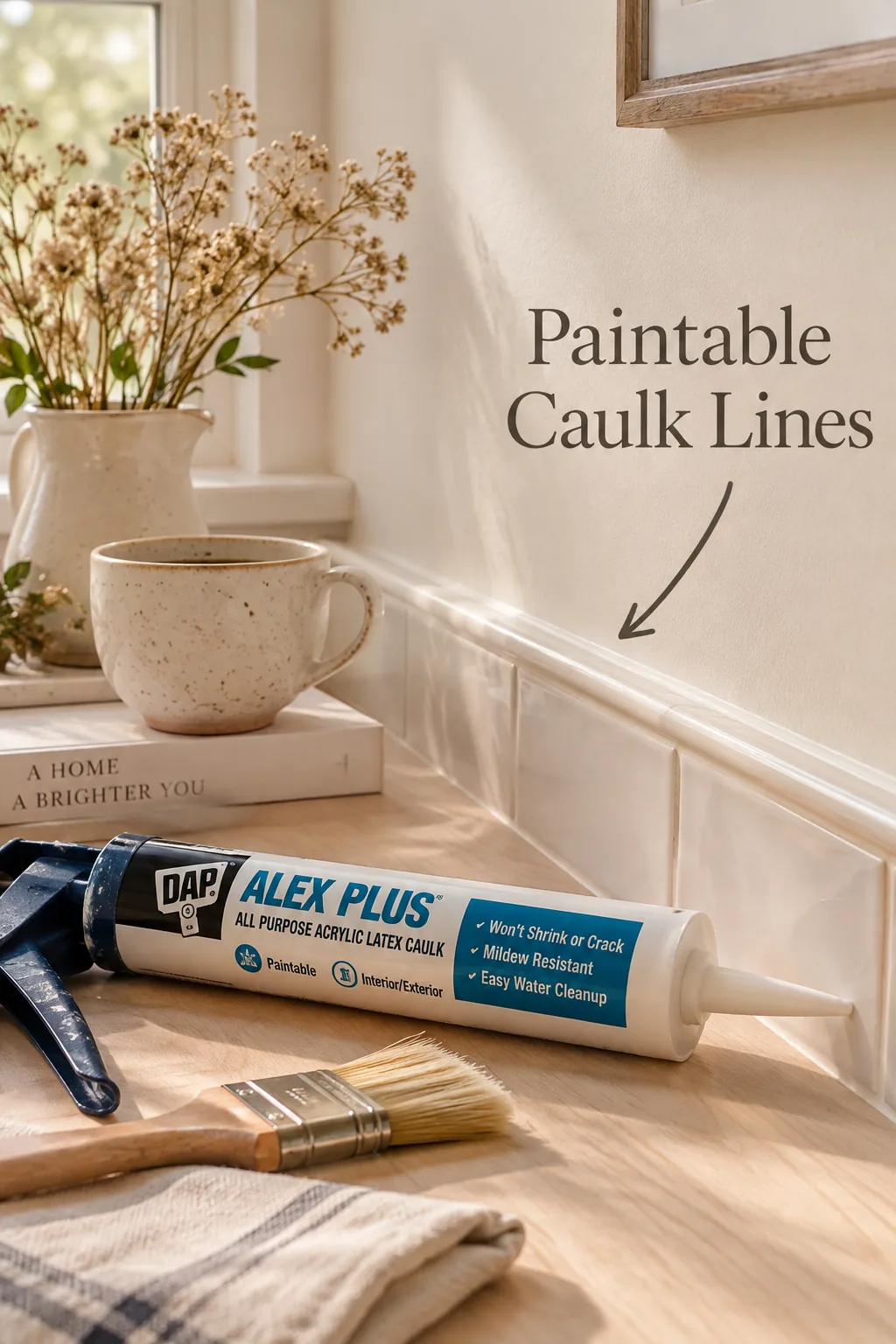 Smooth painted caulk line blending a tile edge into a white wall