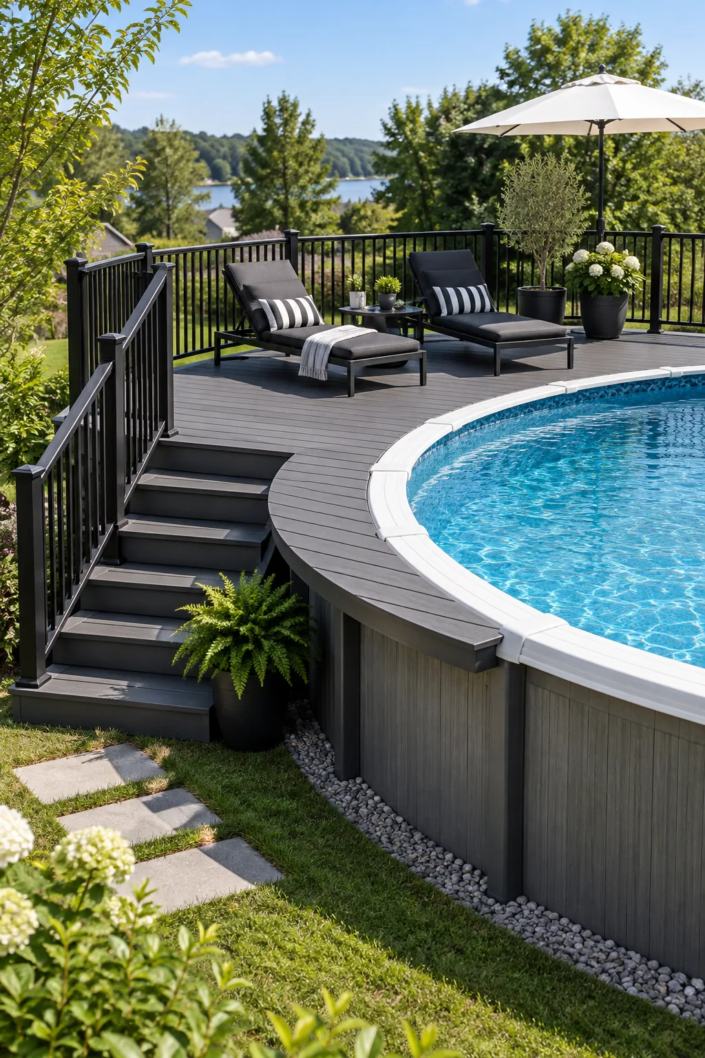 A modern above-ground pool deck with dark charcoal composite boards and black metal railings.
