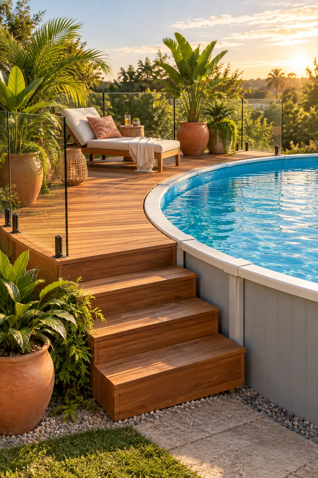 A warm cedar wood deck wrapping around an above-ground pool, styled with tropical plants in terracotta pots.