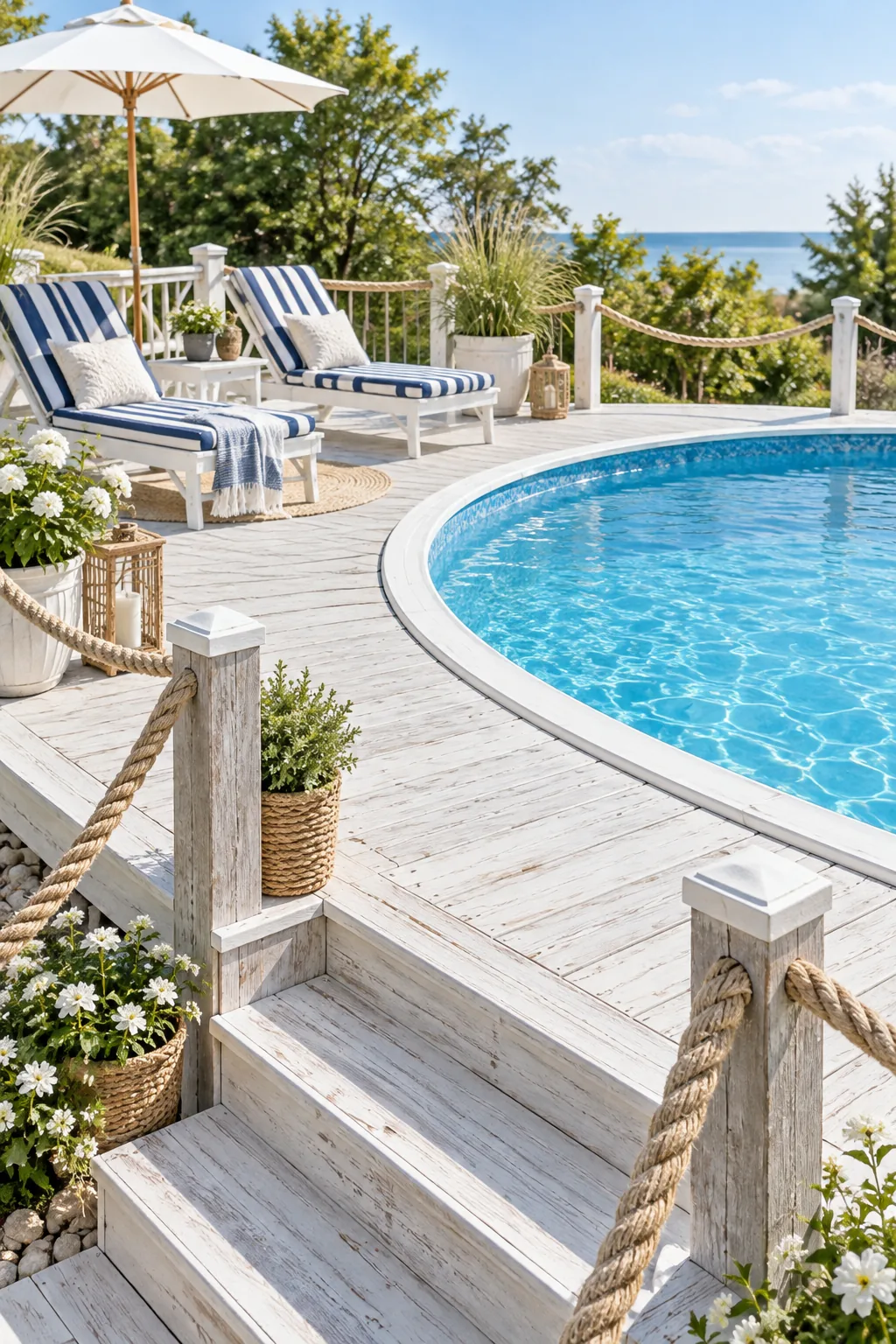 A coastal-style above-ground pool deck with whitewashed boards and navy blue striped cushions.