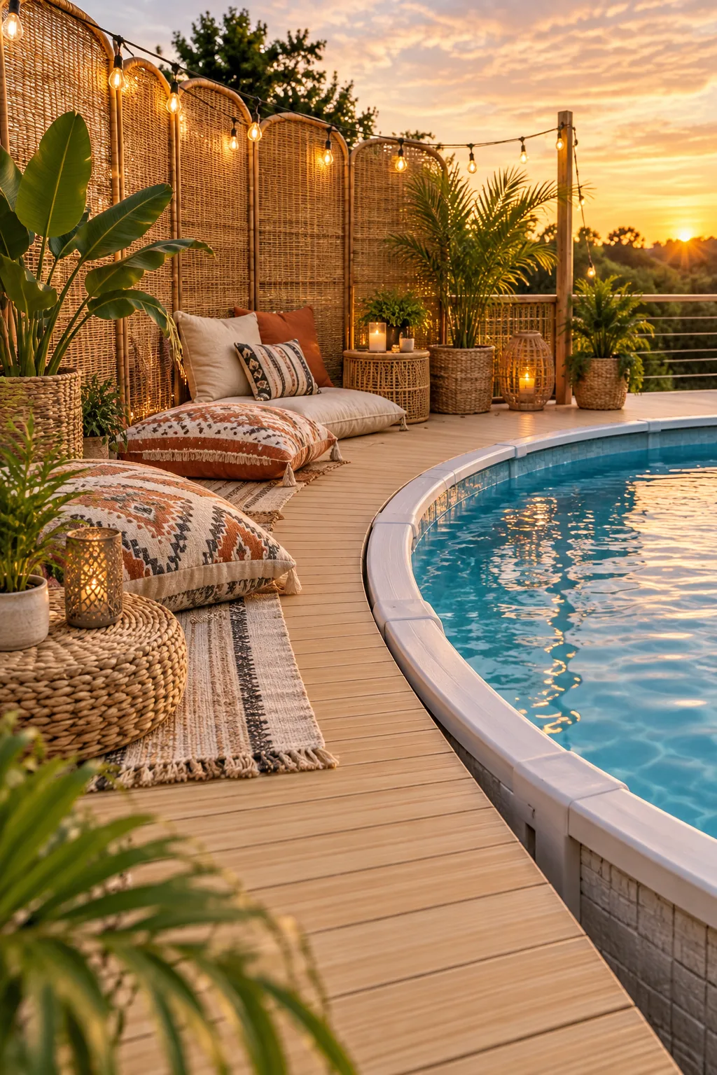 A bohemian above-ground pool deck featuring bamboo-style boards, floor cushions, and rattan screens.