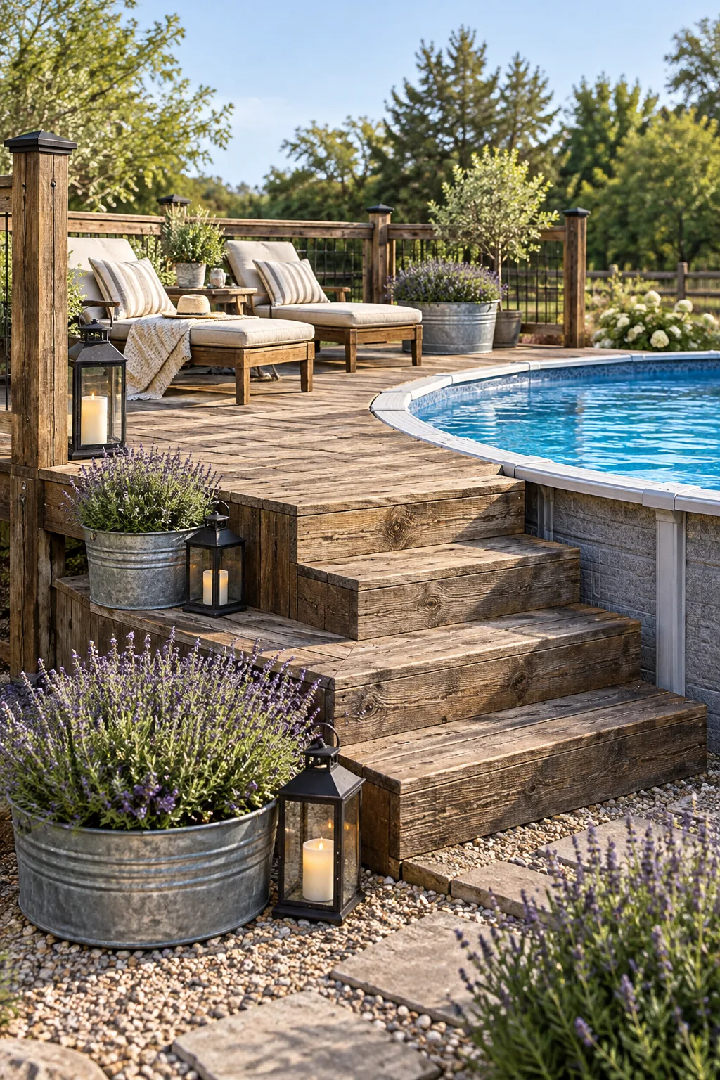 A rustic farmhouse pool deck built with weathered brown timber and styled with galvanized planters.
