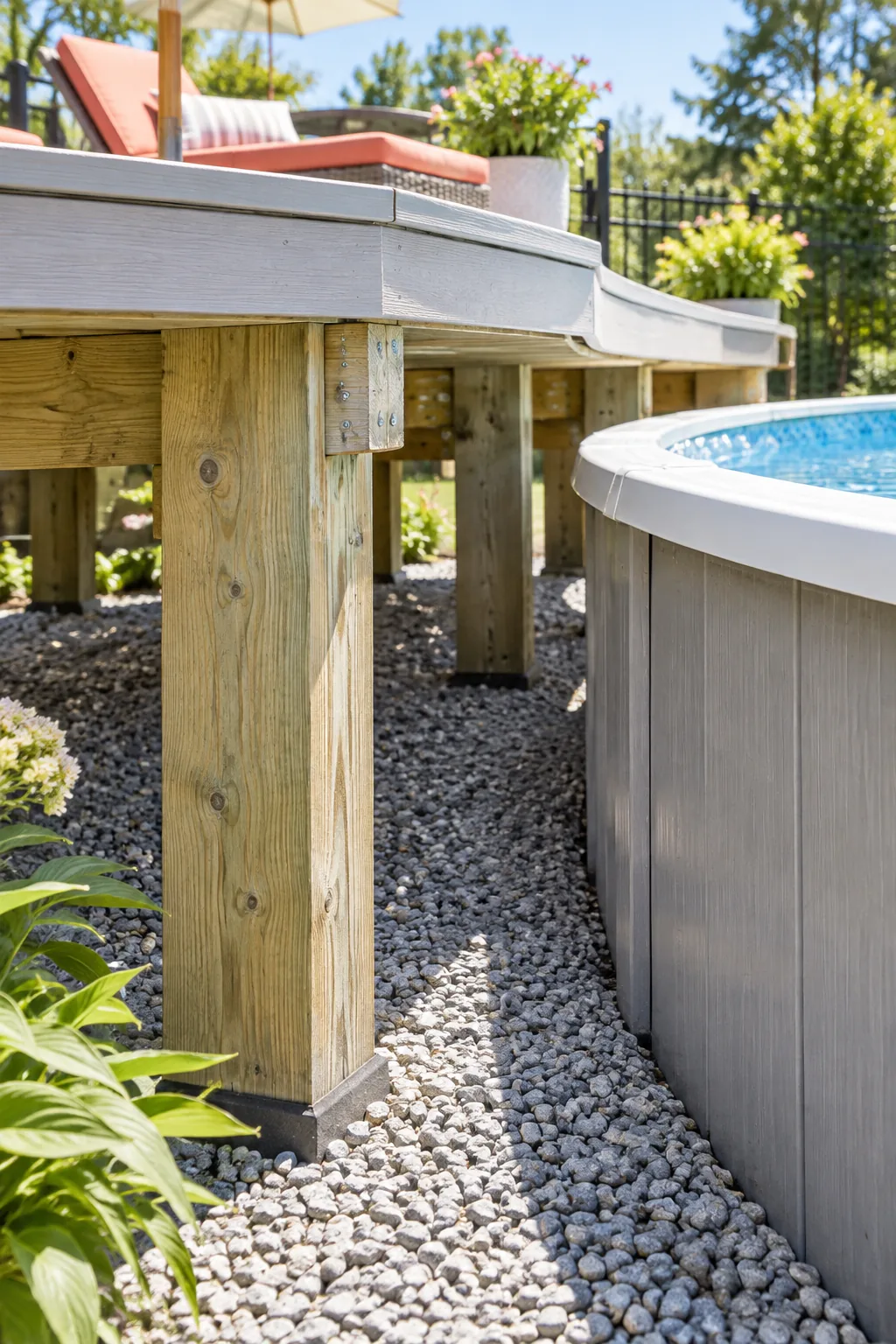 Sturdy wooden deck posts standing in gravel a few inches away from a gray above-ground pool wall.
