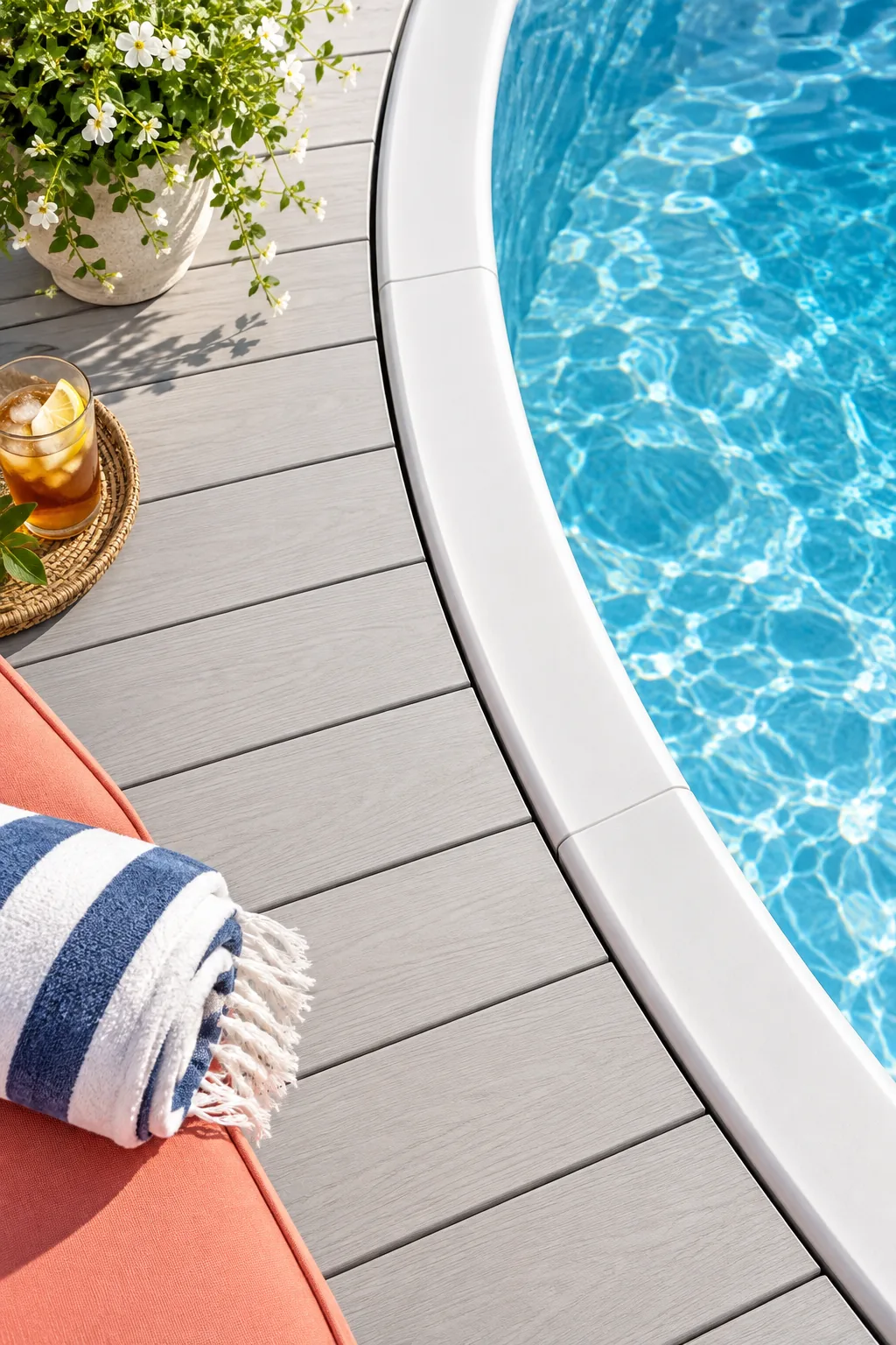 A thin, even shadow gap separating pale gray deck boards from a white pool top rail.
