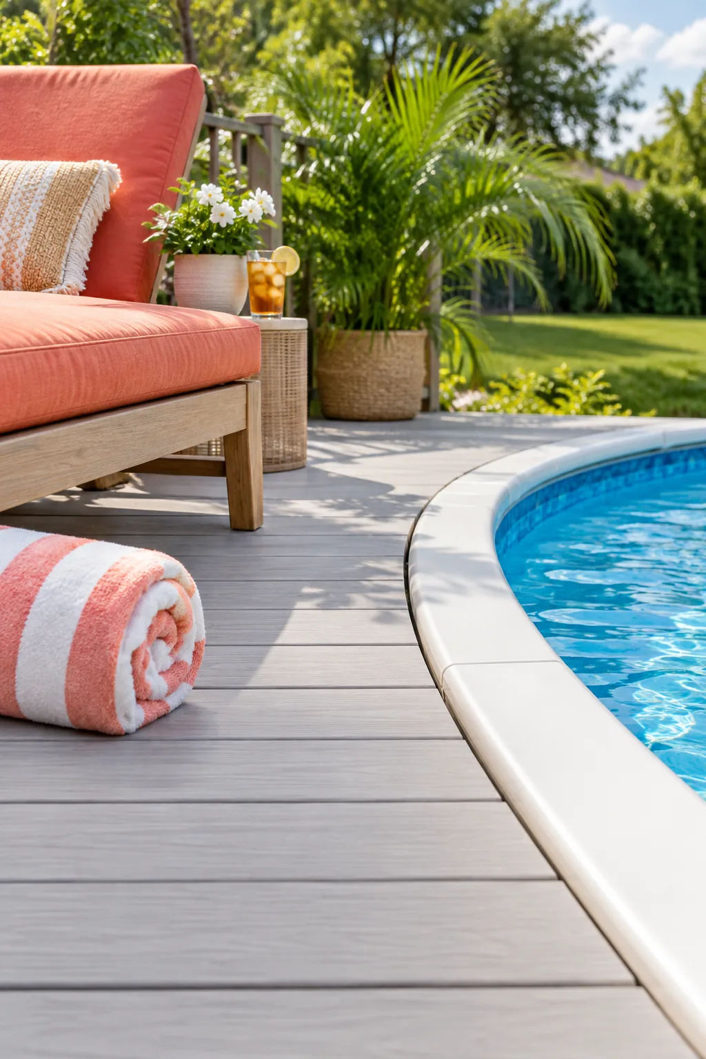 Pale gray deck boards aligning perfectly just below the curved white rim of an above-ground pool.