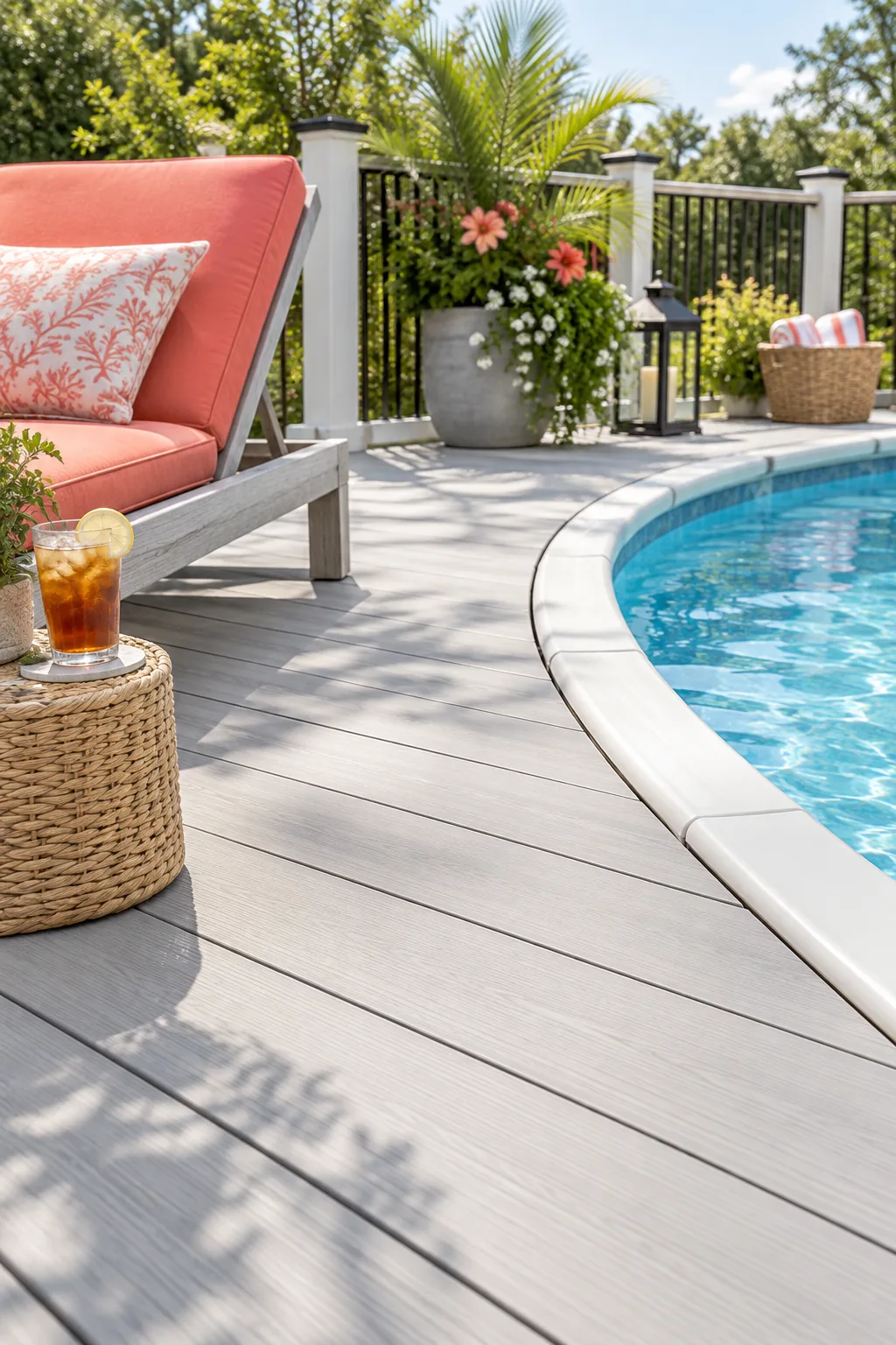 Smooth, screw-free pale gray deck boards styled with a bright coral outdoor lounger.