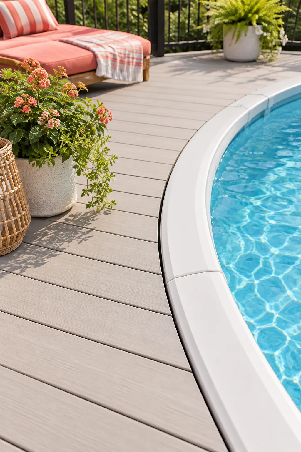 Perfectly curved ends of gray deck boards hugging the round perimeter of an above-ground pool.