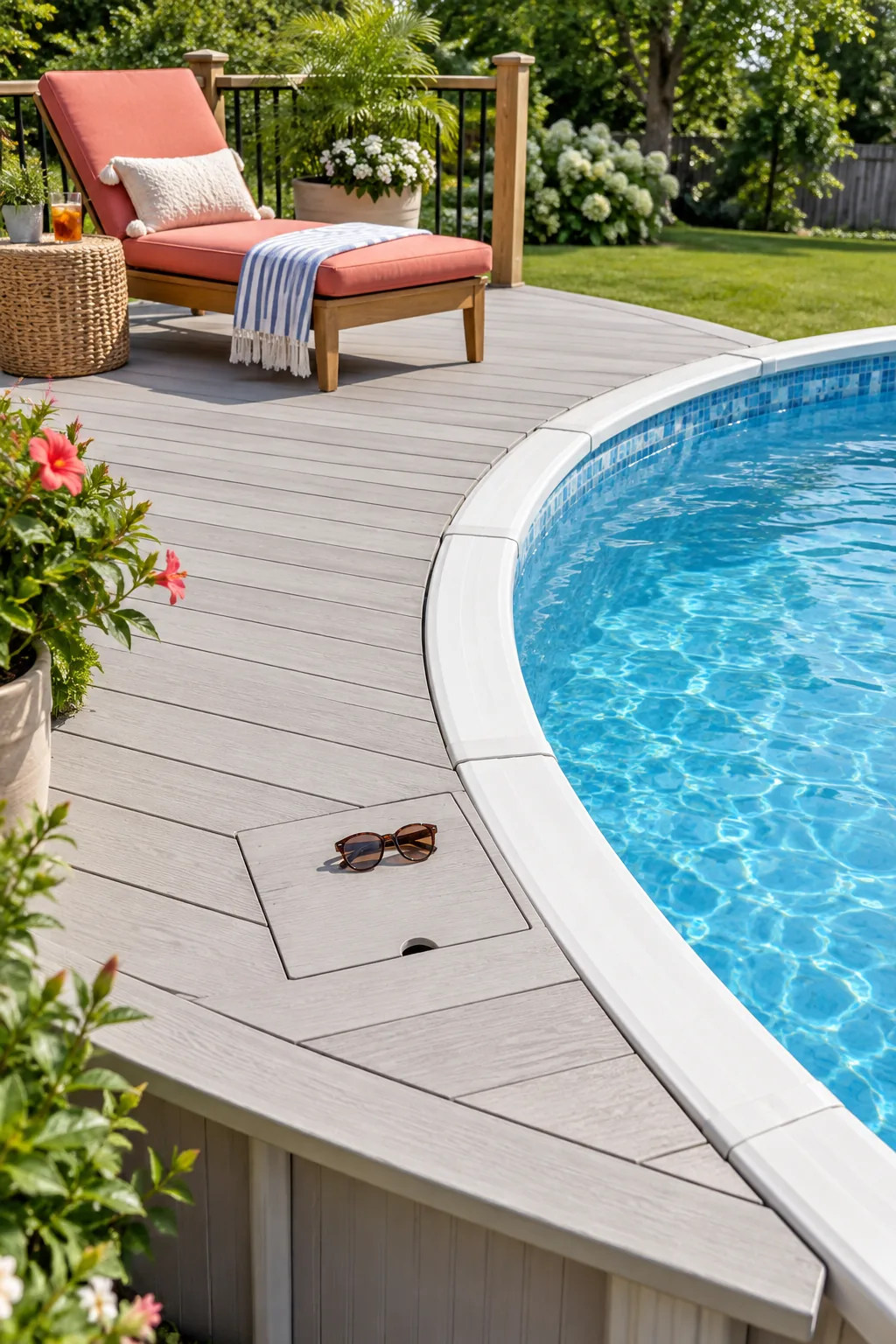 A square cut-out access panel with a finger notch sitting seamlessly flush in a gray pool deck.