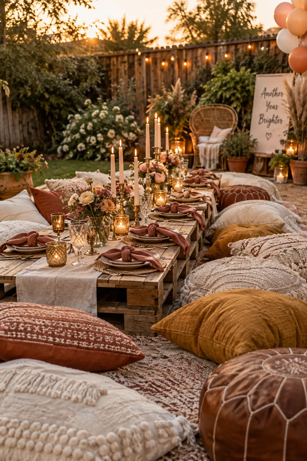 Low wooden pallets arranged on grass with layered rugs, floor cushions, and a simple table setting