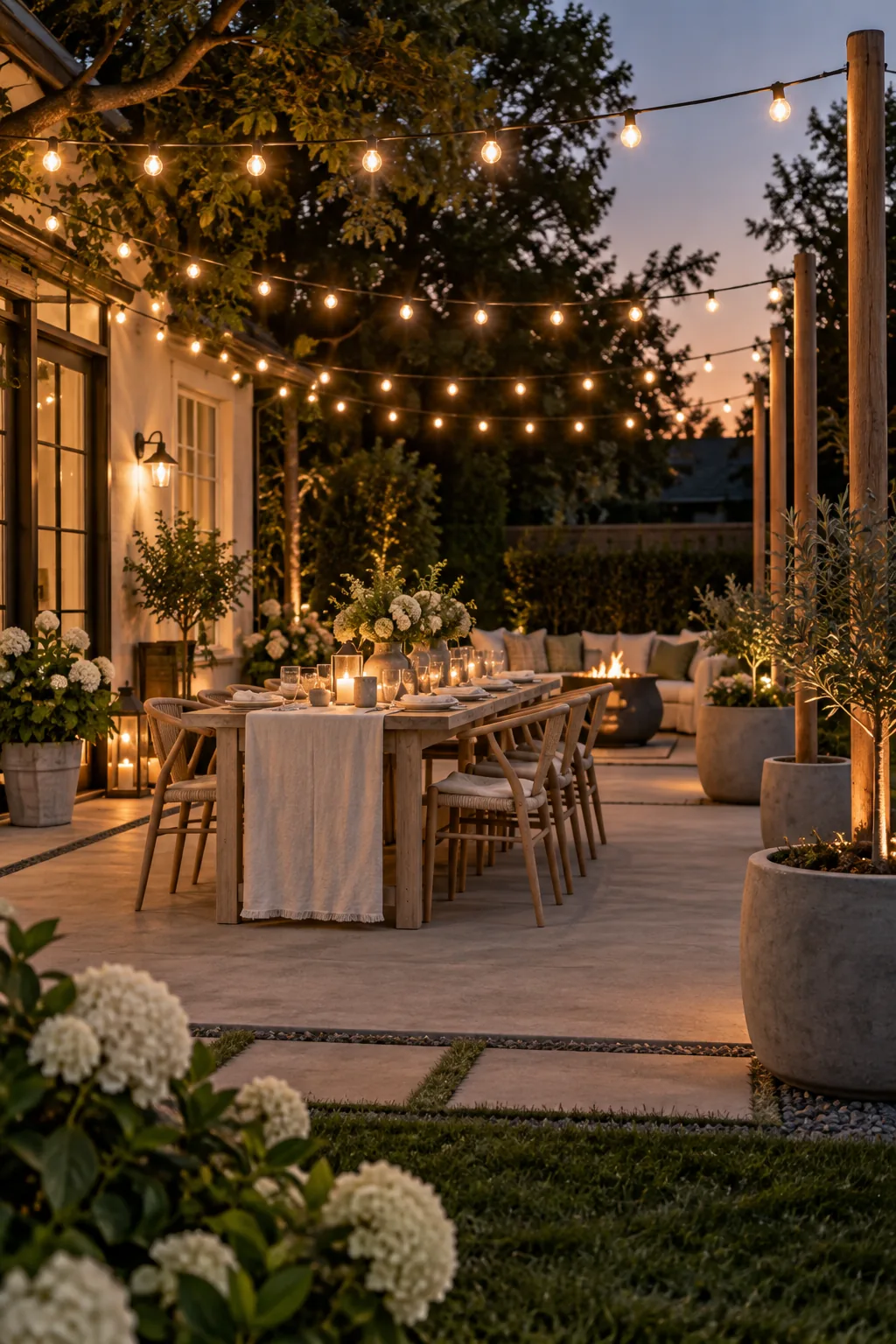 Warm white string lights hanging in a zigzag pattern over a backyard patio seating area