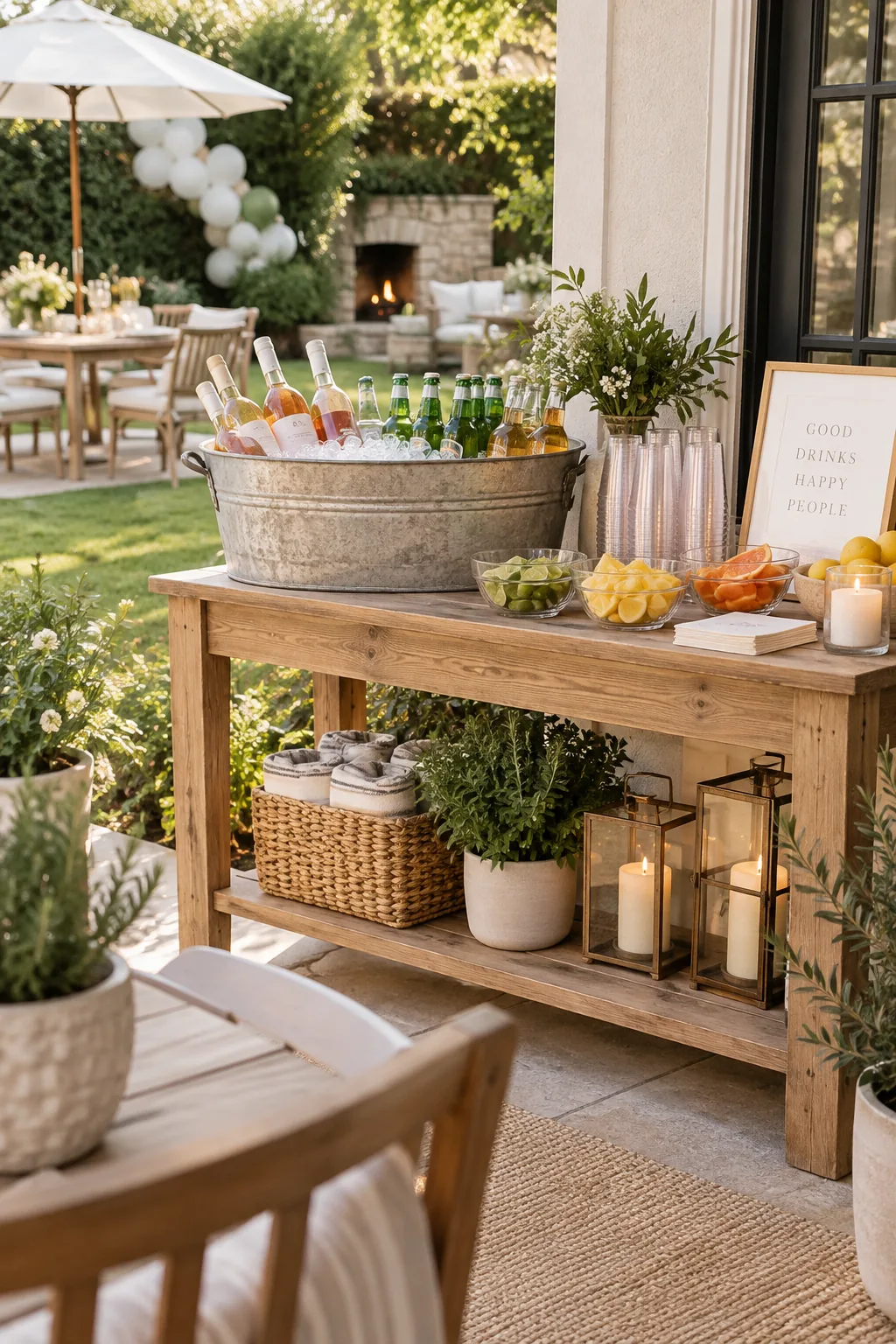 Wooden console table outdoors holding a large metal tub filled with ice and assorted bottled drinks