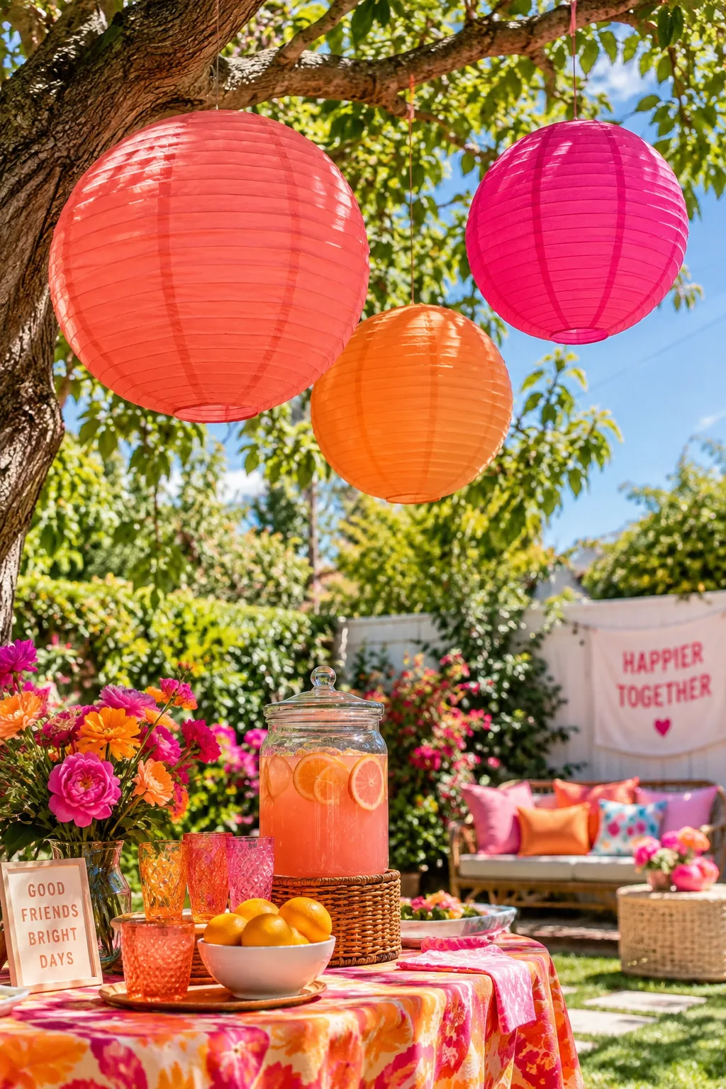 Large white paper lanterns clustered together hanging from a large oak tree branch