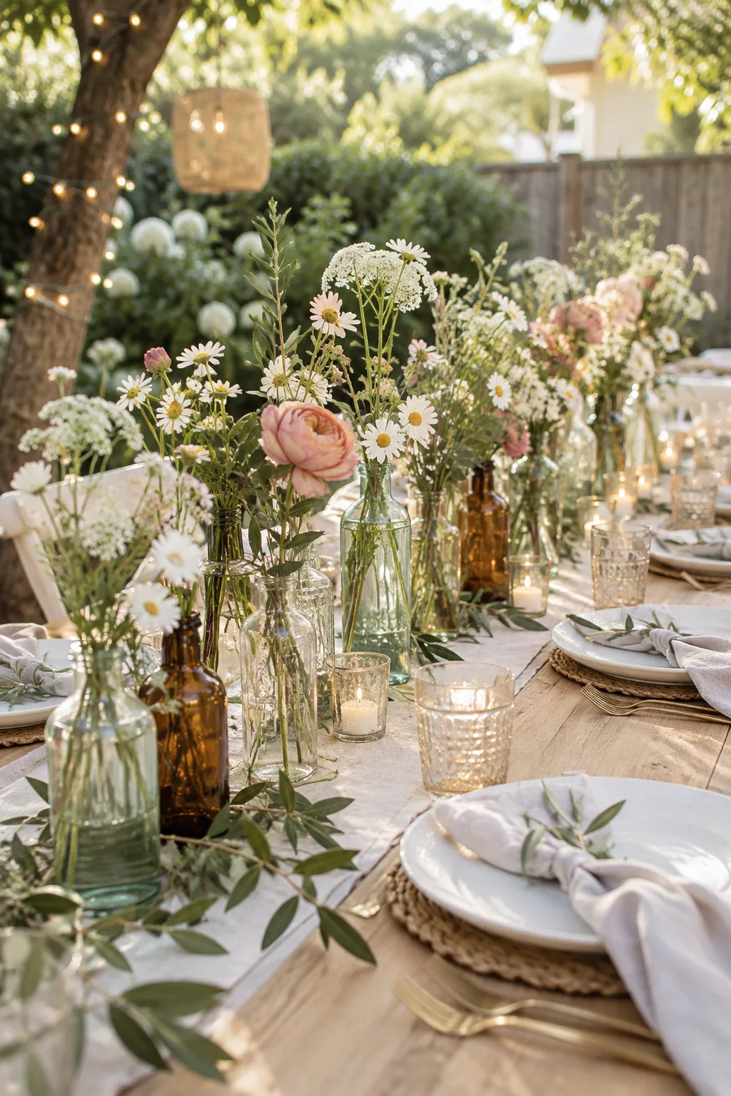 Long wooden table decorated with a line of small glass bottles filled with assorted wildflowers
