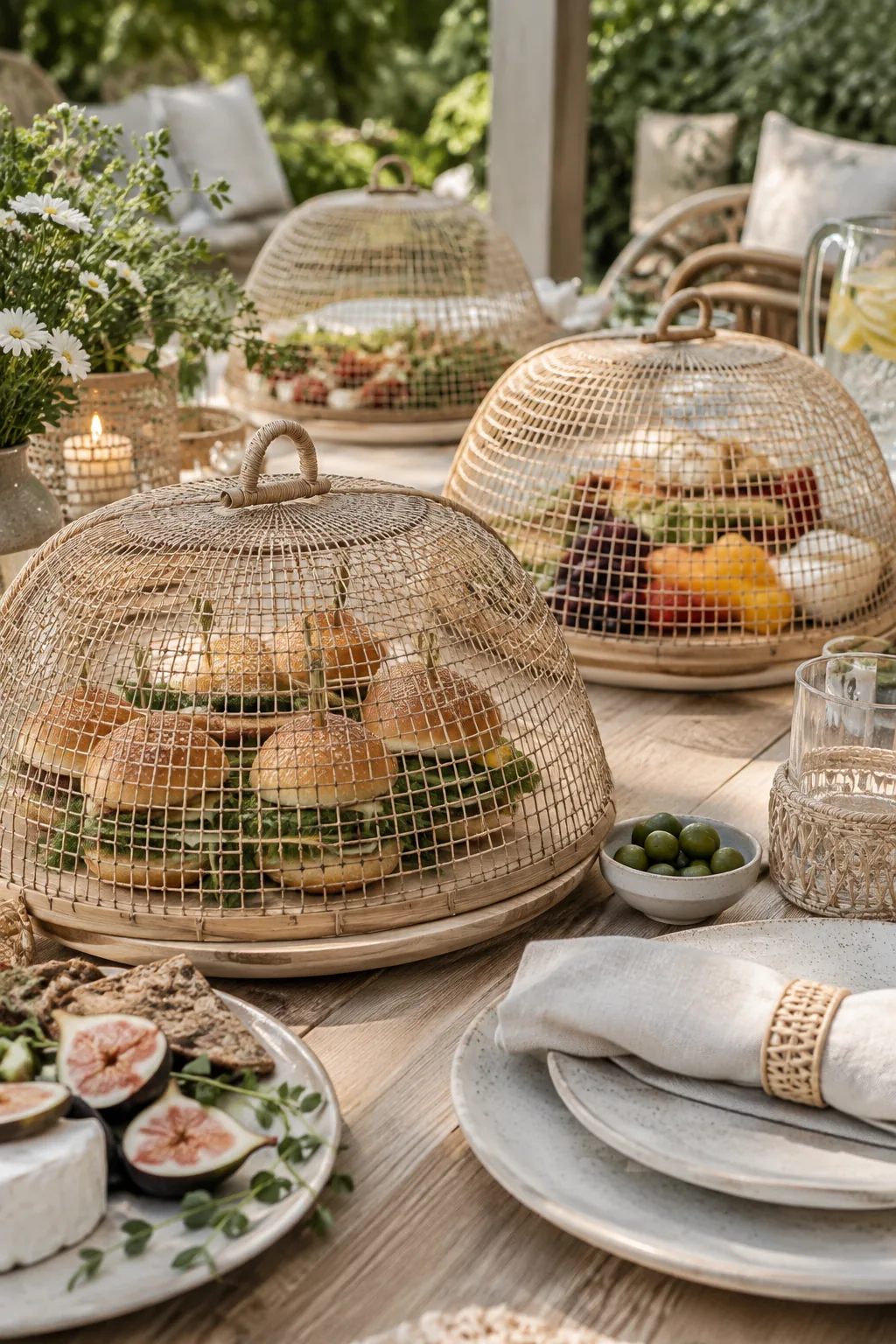 Woven bamboo mesh food covers sitting over plates of appetizers on an outdoor buffet table