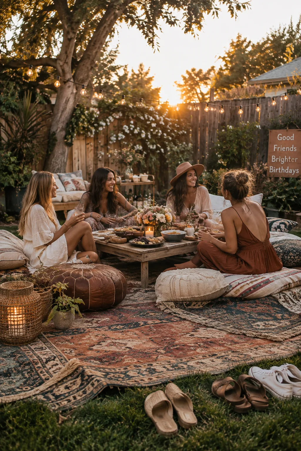Several colorful vintage rugs overlapping on a green lawn to create a large seating area