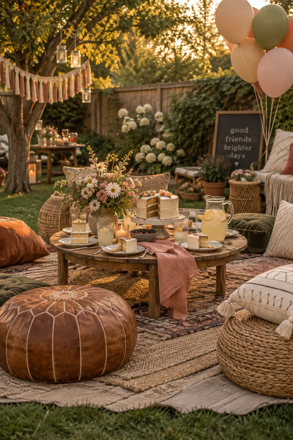 Assorted textured floor cushions and leather poufs arranged around a low wooden table outdoors