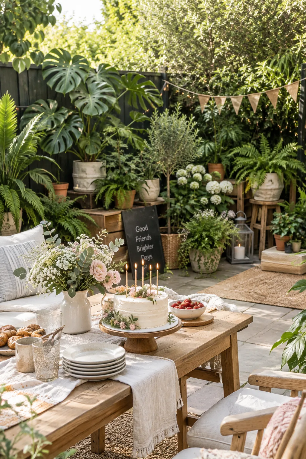 A collection of large indoor houseplants arranged at varying heights against a wooden fence