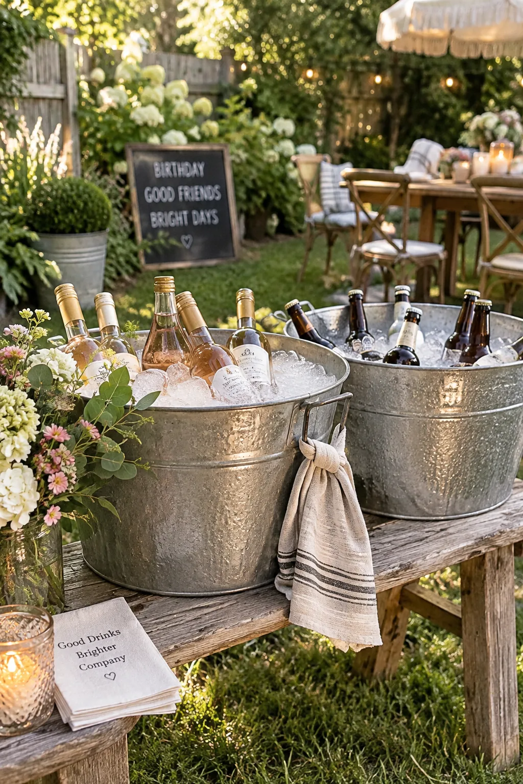 Two large galvanized metal buckets filled with ice and drinks sitting on a wooden bench