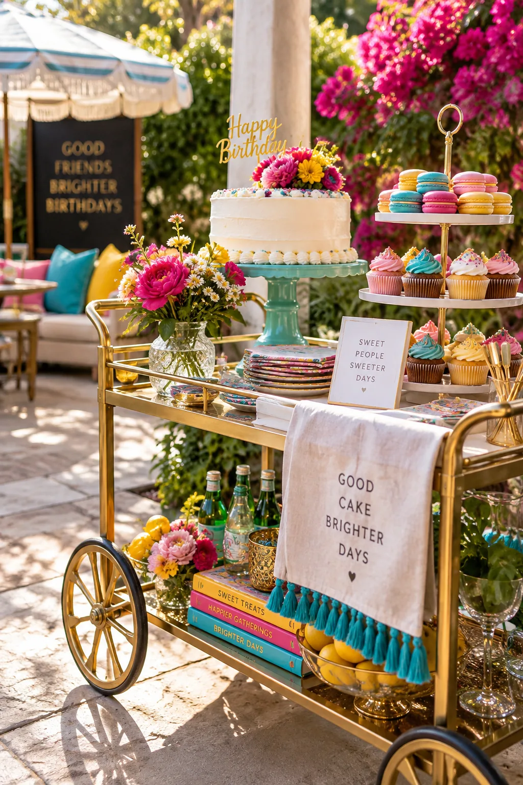 Vintage brass bar cart styled outdoors with a birthday cake, small treats, and flowers