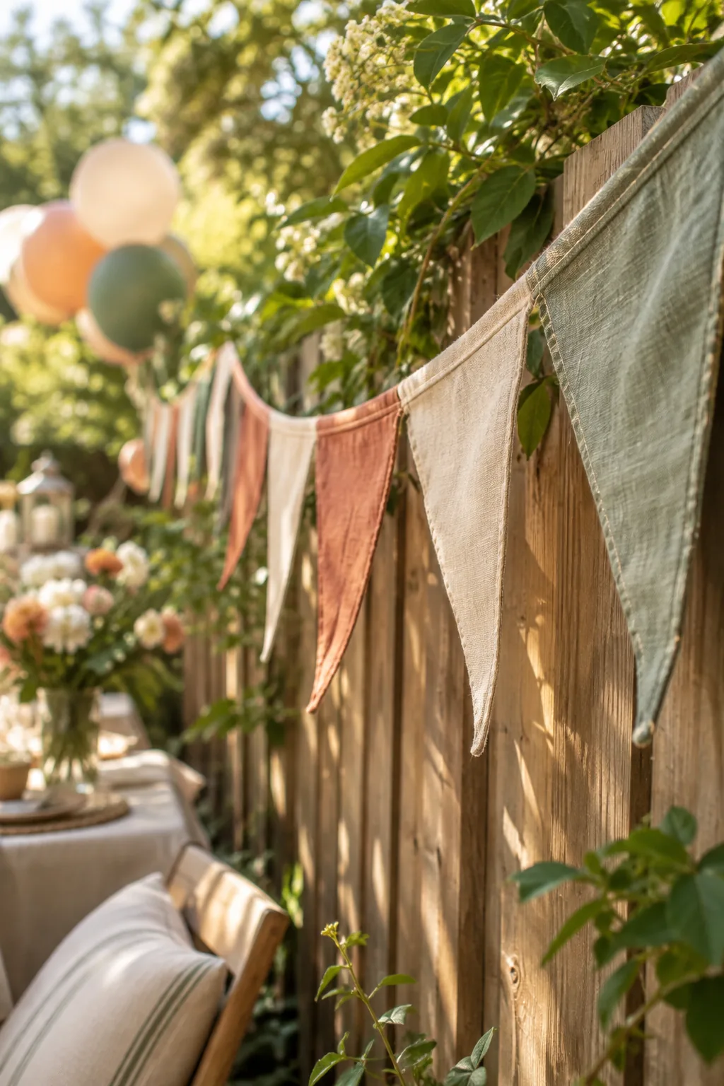 Neutral linen fabric bunting flags strung along a wooden backyard fence
