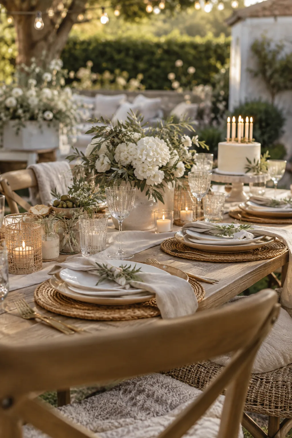 Outdoor dining table set with white ceramic plates, rattan chargers, and linen napkins