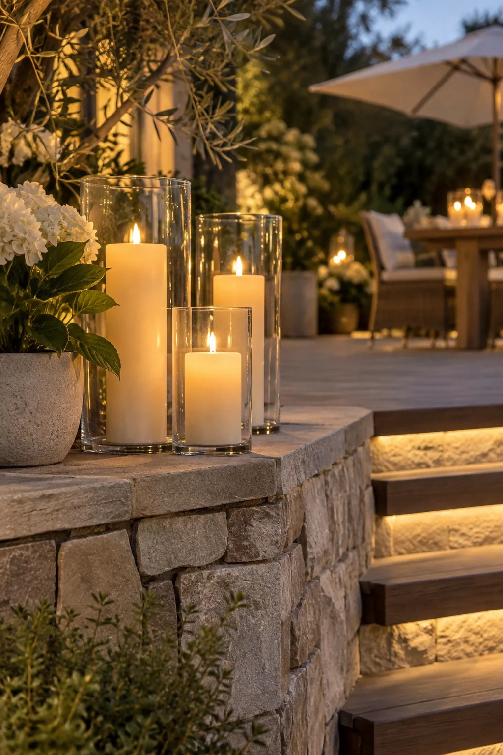Groups of white pillar candles inside glass hurricane vases sitting on outdoor stone steps