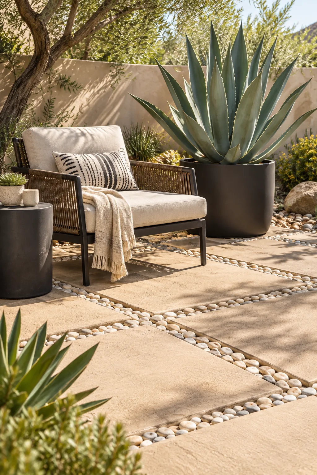 Sand-tinted concrete patio squares separated by pale beach pebbles, styled with a modern chair and an agave plant.