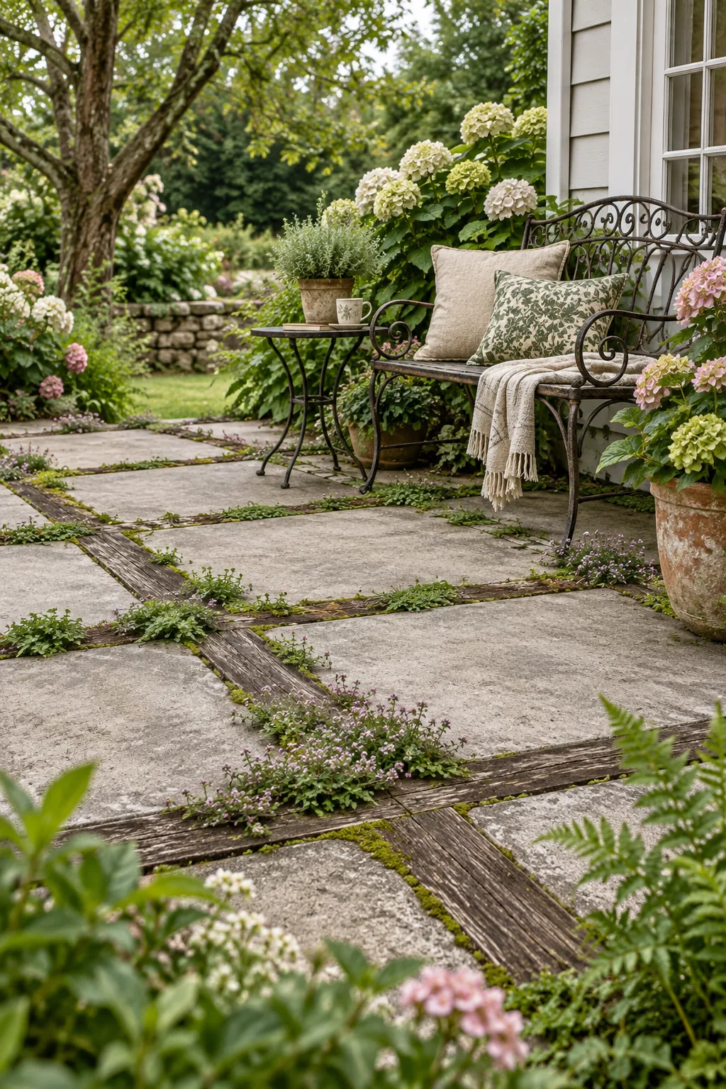 Weathered concrete patio squares divided by reclaimed wood, surrounded by creeping thyme and a vintage iron bench.