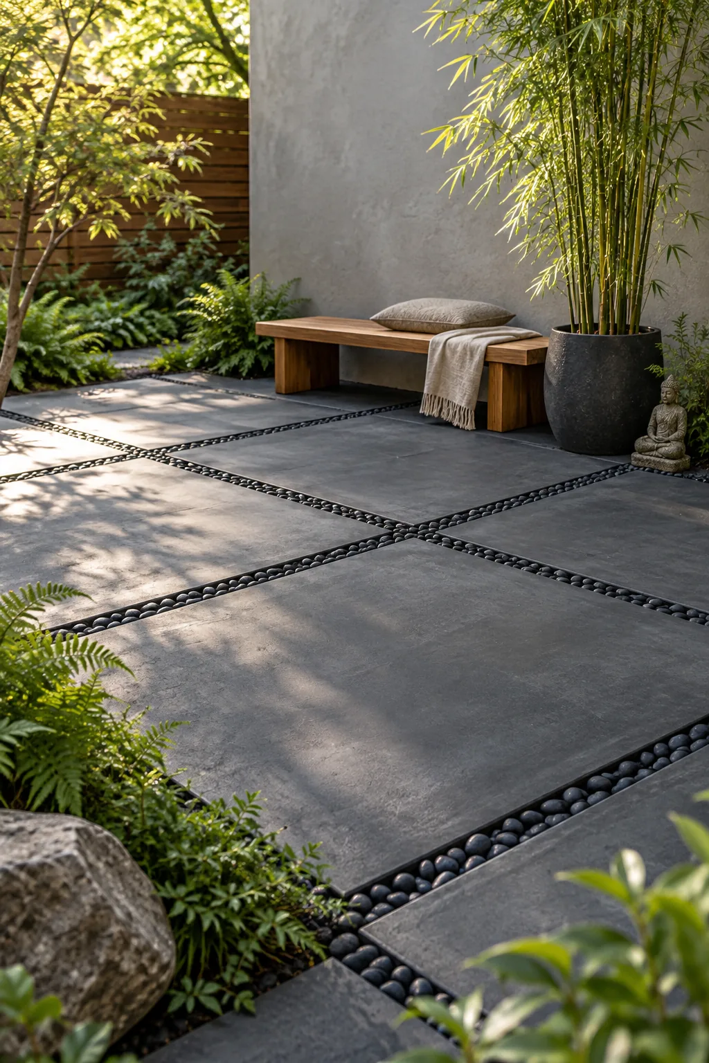 Charcoal-tinted concrete squares separated by black river rock, featuring a low wooden bench and bamboo.