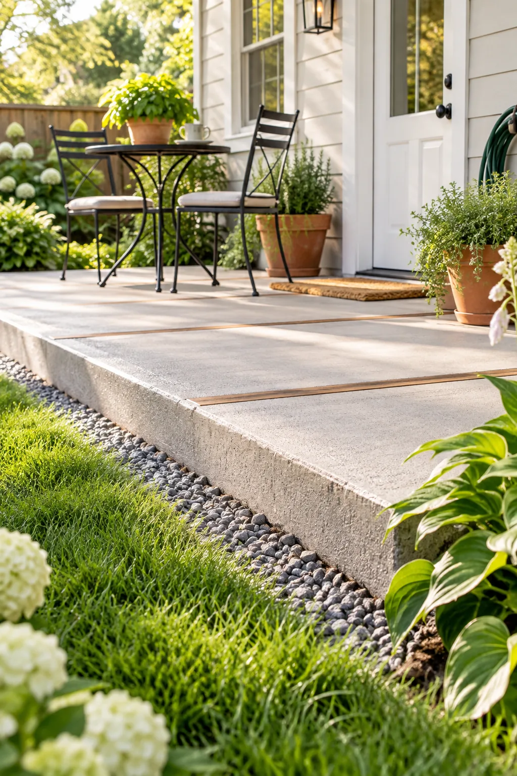 The front edge of a finished concrete patio resting on a 4-inch layer of tamped crushed gravel next to a garden bed.