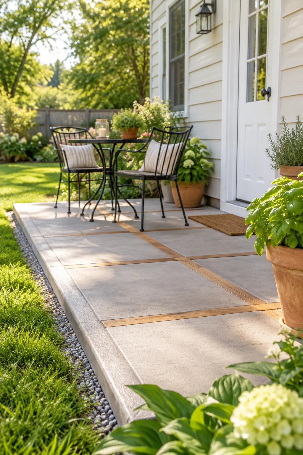 Side profile of a concrete patio sloping gently away from a house foundation toward a grassy lawn.