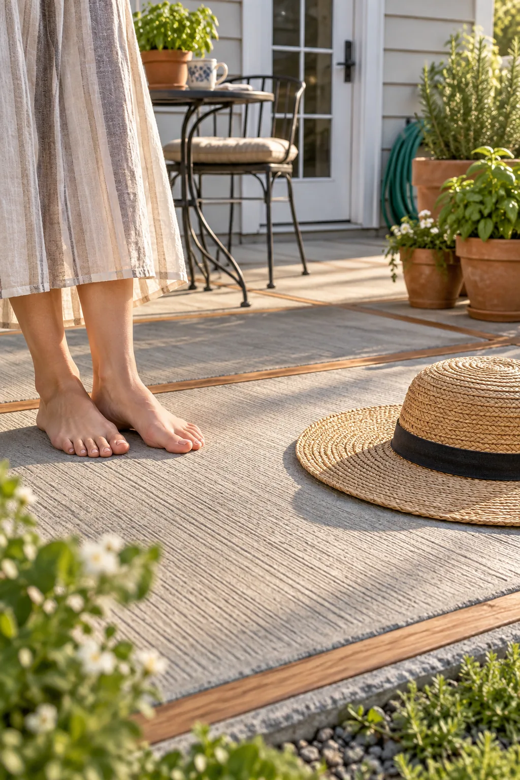 Bare feet standing on a finely textured, broom-finished concrete patio surface next to a straw hat.