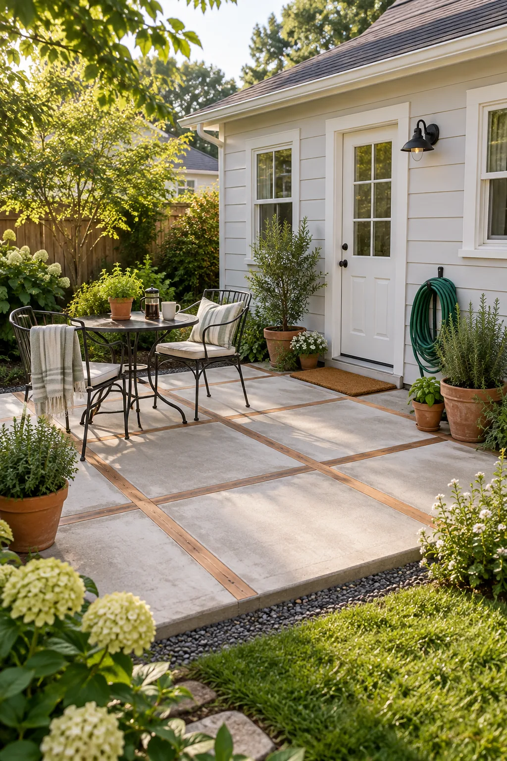 A fully styled 10 by 12 foot concrete grid patio with a bistro set, potted herbs, and a coiled garden hose.