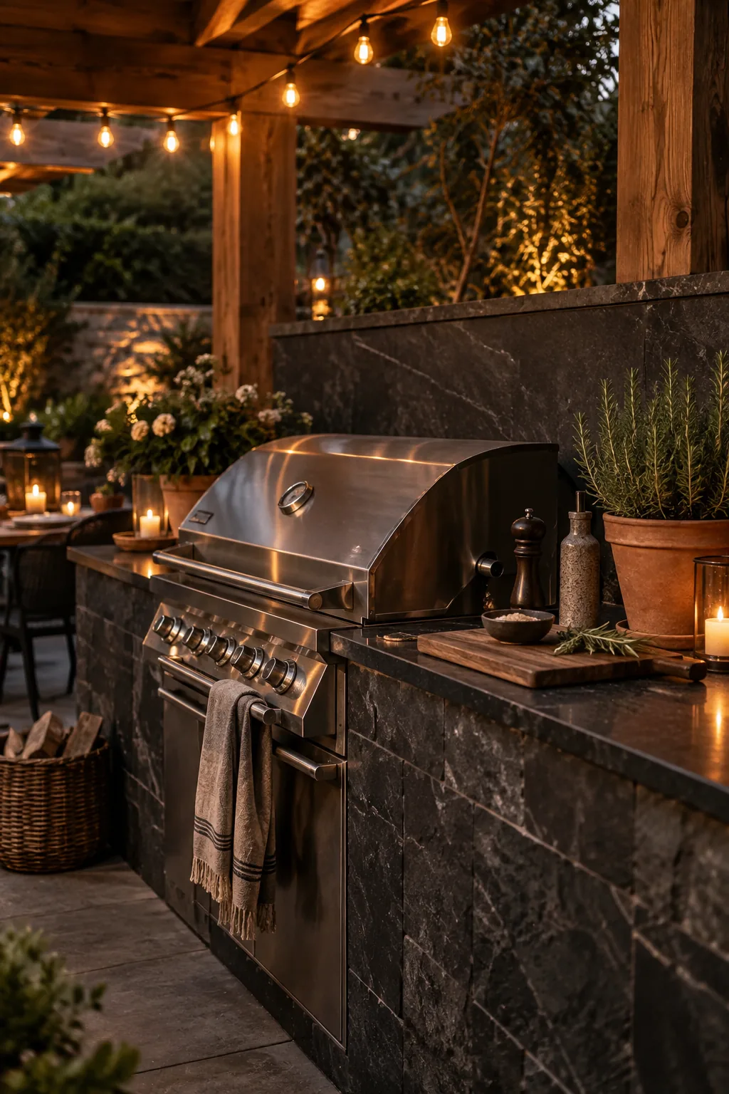 Outdoor kitchen island featuring dark honed granite countertops and a built-in stainless steel grill
