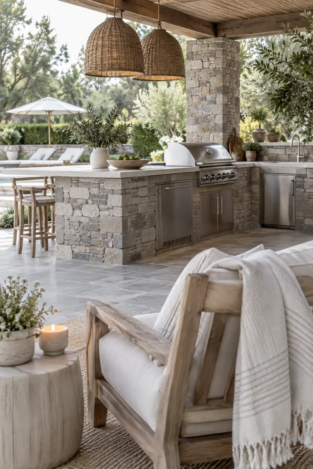 Stainless steel grill built into a stacked stone masonry island on a covered patio