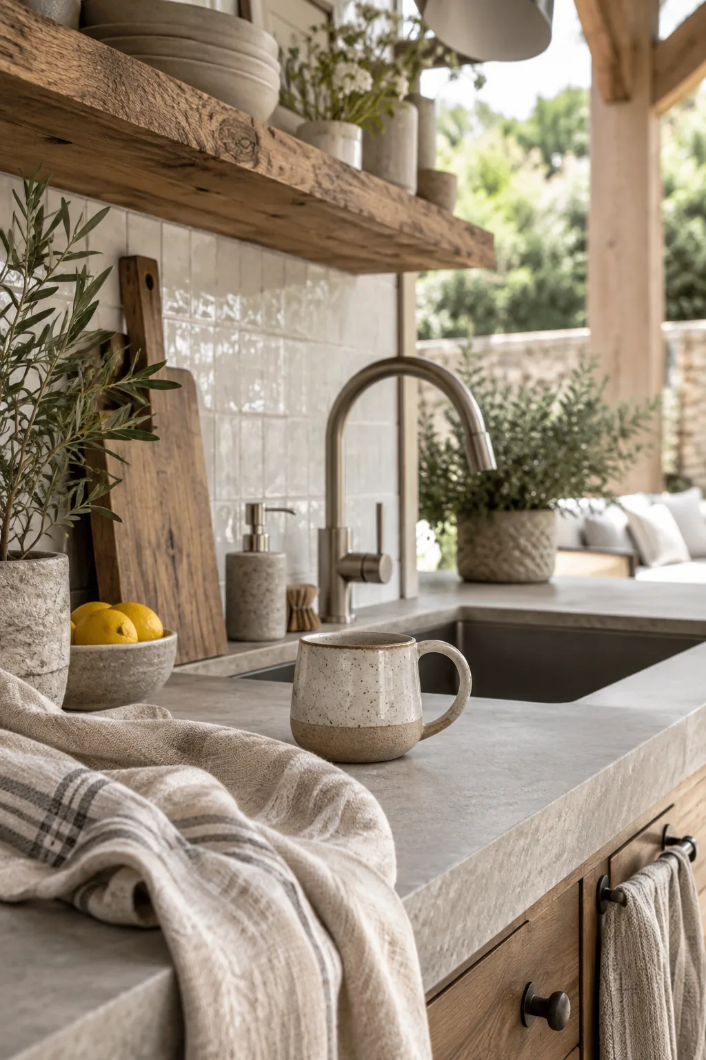 Modern rustic outdoor kitchen with concrete counters, matte black hardware, and teak wood bar stools