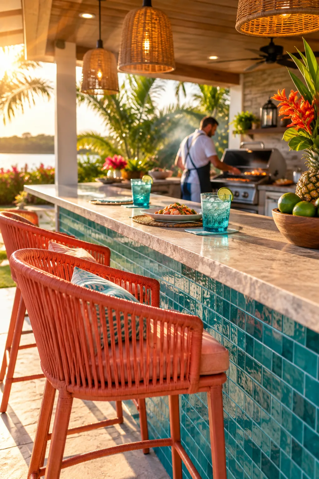 Covered outdoor kitchen featuring a deep peninsula bar with seating separating the grill from the lounge area