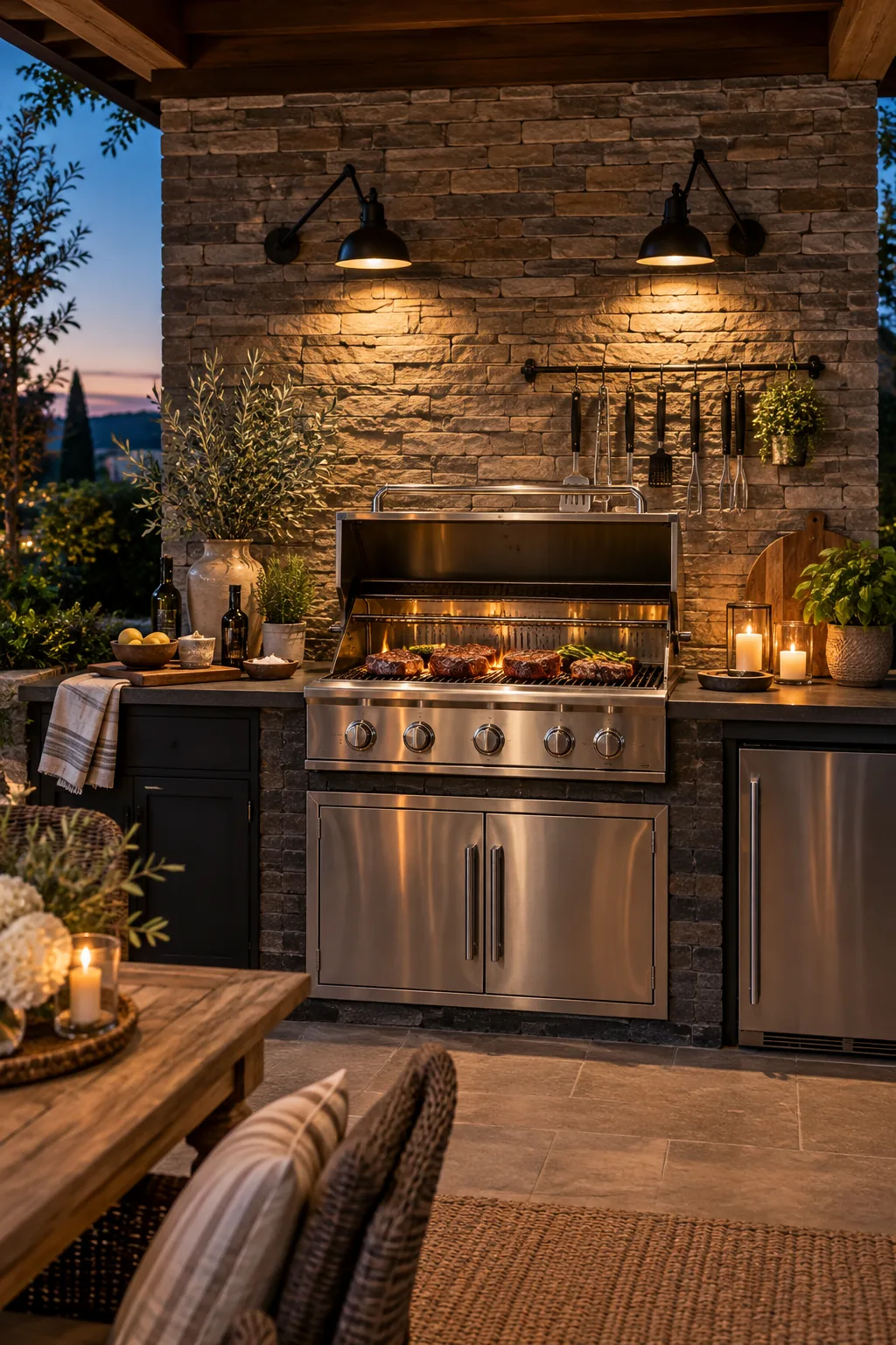 Two adjustable wall sconces mounted on a stone backsplash above an outdoor stainless steel grill