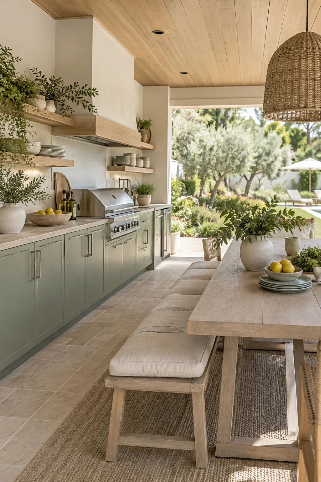 Powder-coated weather-tight stainless steel cabinets installed under a concrete outdoor kitchen counter