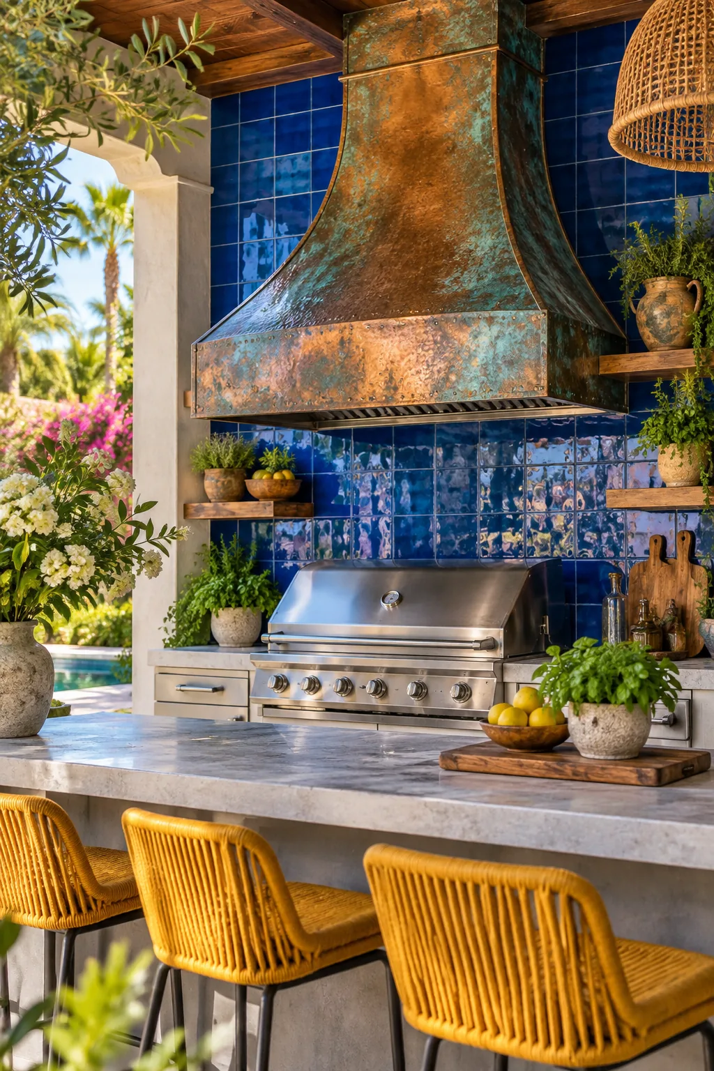 Large custom copper range hood installed over a built-in outdoor grill on a covered patio