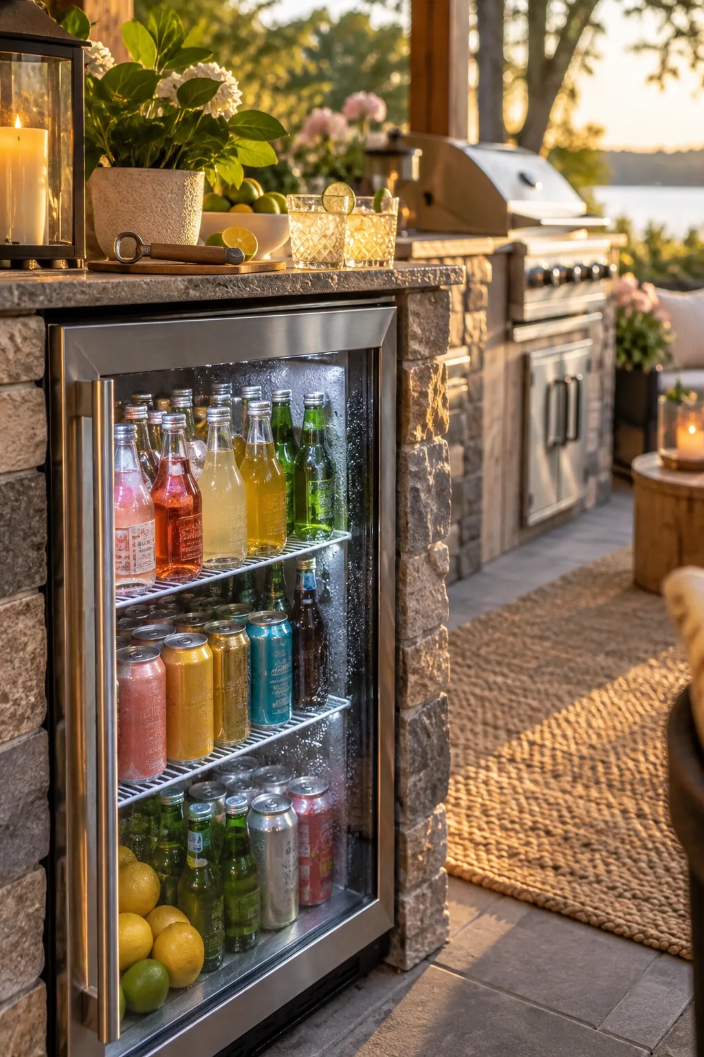 Glass-front outdoor beverage fridge installed at the outer edge of a stone outdoor kitchen island