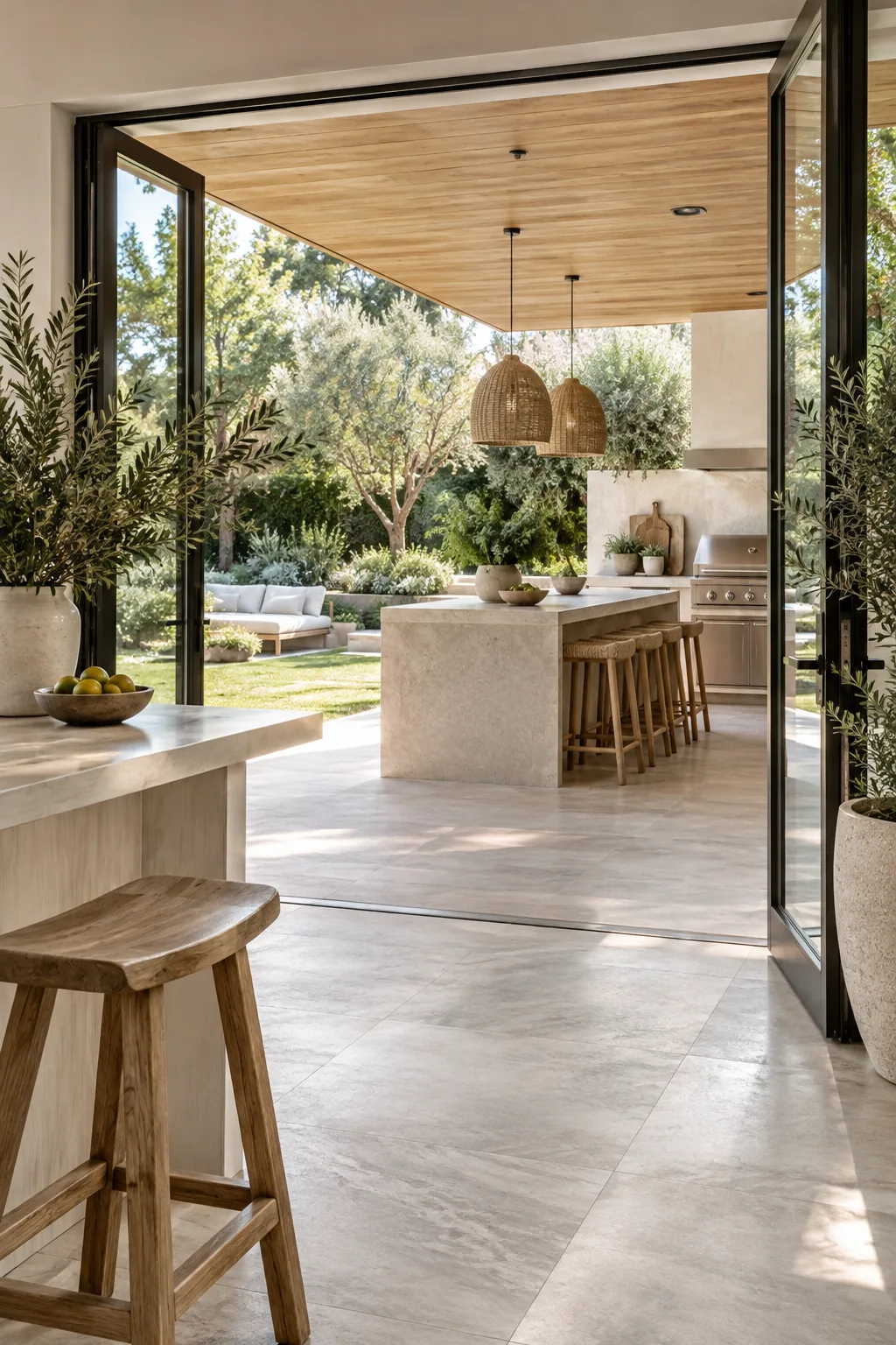 Continuous large format porcelain tile flooring flowing seamlessly from an indoor kitchen to a covered outdoor patio
