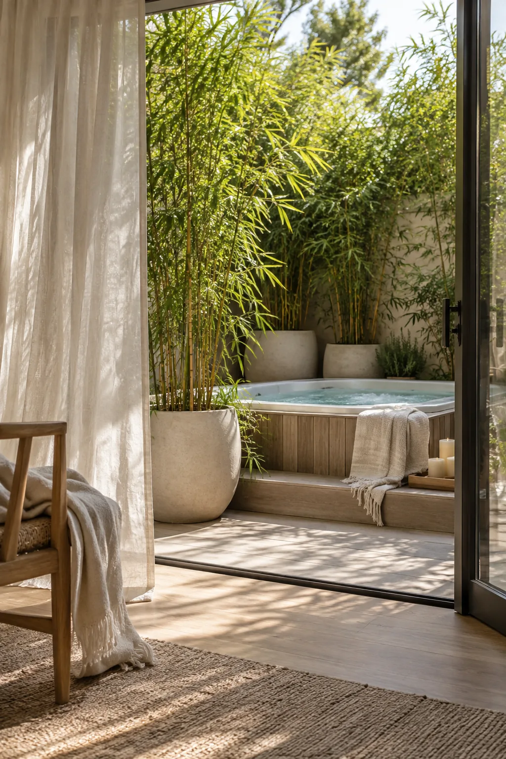 Tall bamboo plants in large black pots arranged around a corner hot tub for privacy