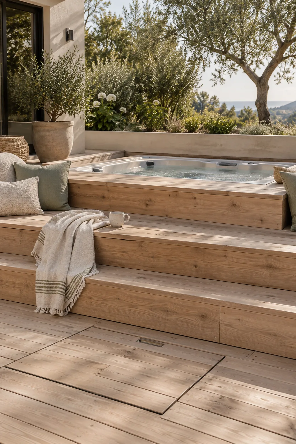Hot tub sunken halfway into a modern composite wood deck with wide steps
