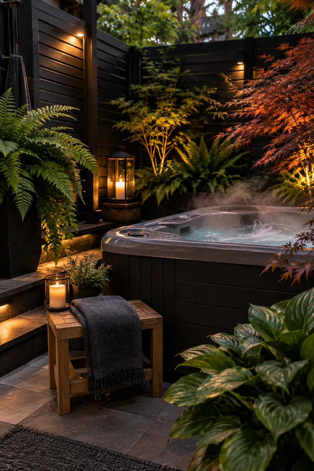 Matte black wooden privacy screen behind a modern outdoor hot tub