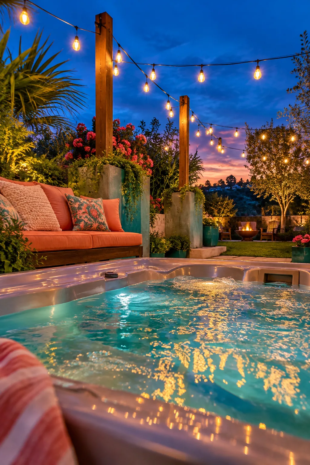 Heavy-duty string lights hung in a zig-zag pattern above an outdoor hot tub