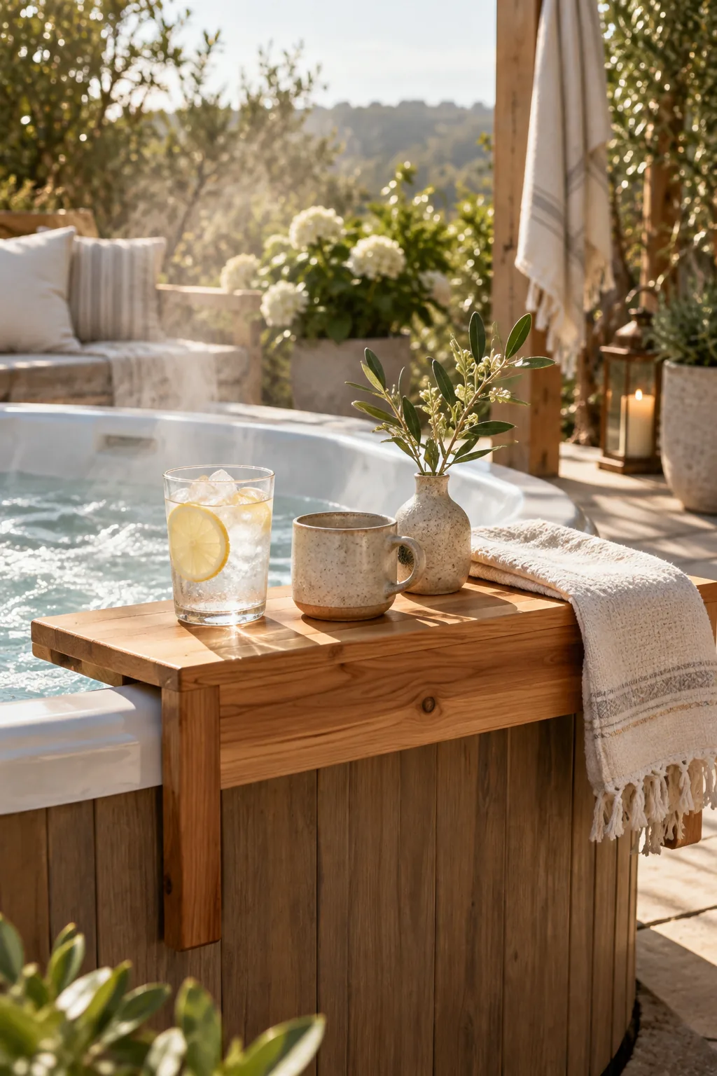 Simple cedar wood side table resting on the edge of a hot tub with cold drinks
